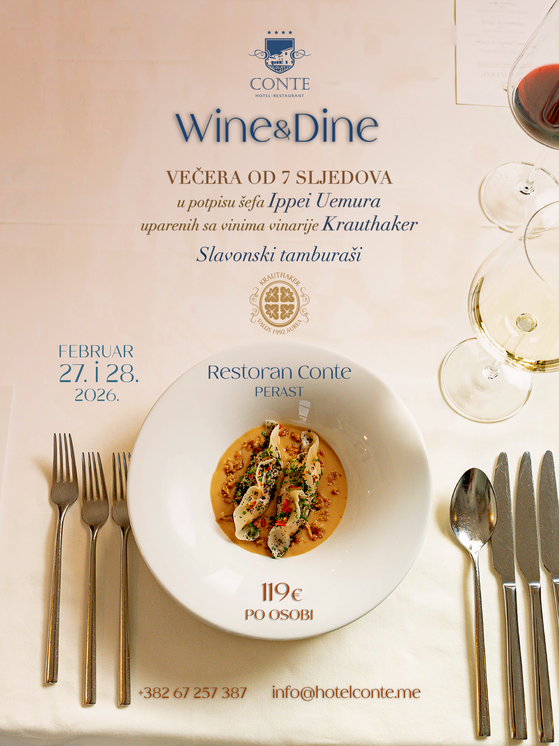 Elegant Wine and Dine menu design for Hotel Restaurant Conte in Perast by ConceptHe Agency